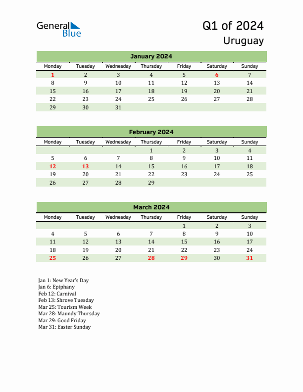 Quarterly Calendar 2024 with Uruguay Holidays