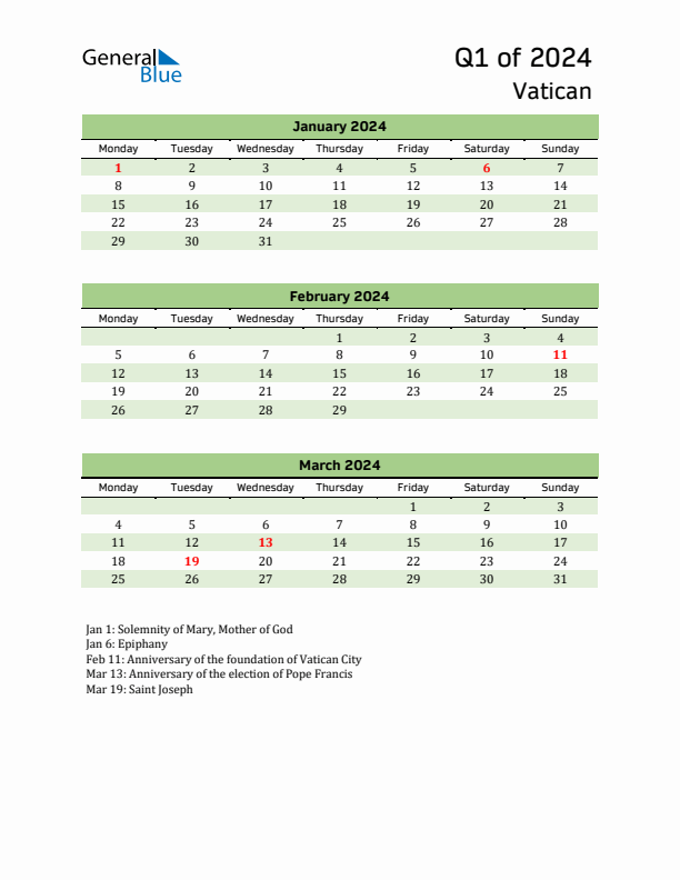 Quarterly Calendar 2024 with Vatican Holidays