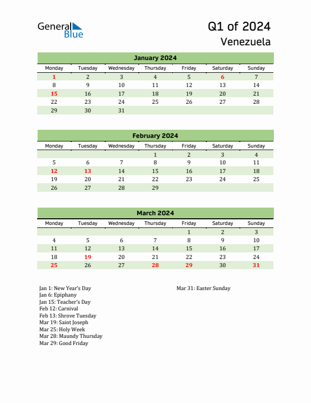 Quarterly Calendar 2024 with Venezuela Holidays