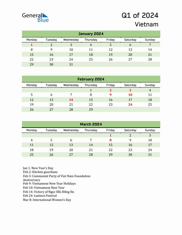 Quarterly Calendar 2024 with Vietnam Holidays