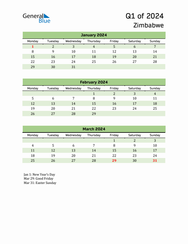 Quarterly Calendar 2024 with Zimbabwe Holidays