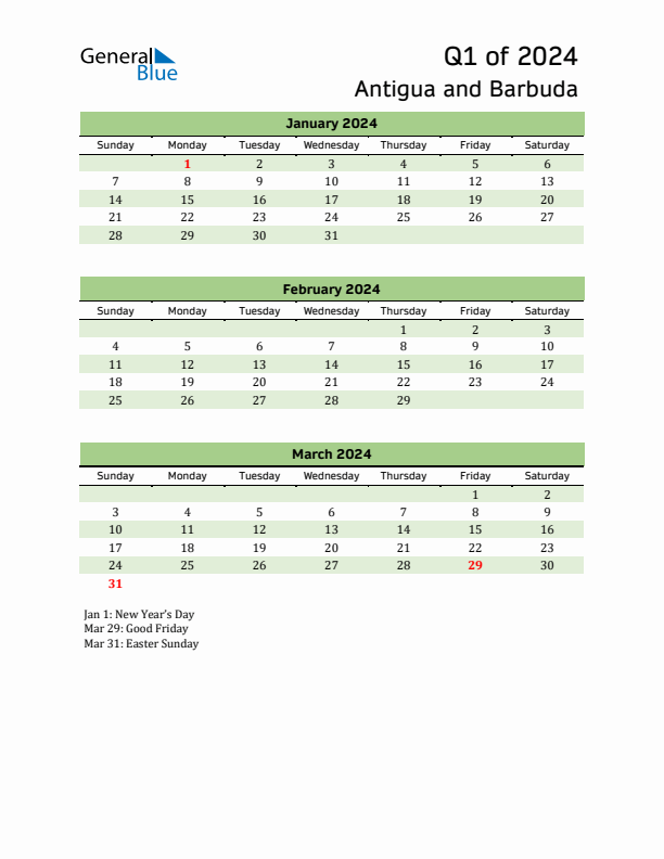 Quarterly Calendar 2024 with Antigua and Barbuda Holidays