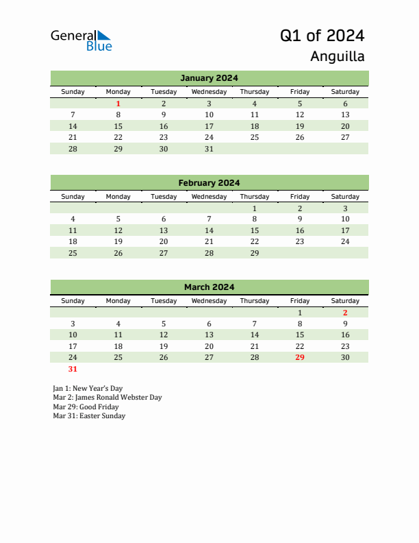 Quarterly Calendar 2024 with Anguilla Holidays