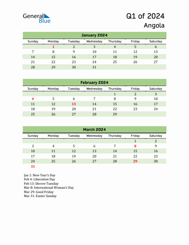 Quarterly Calendar 2024 with Angola Holidays