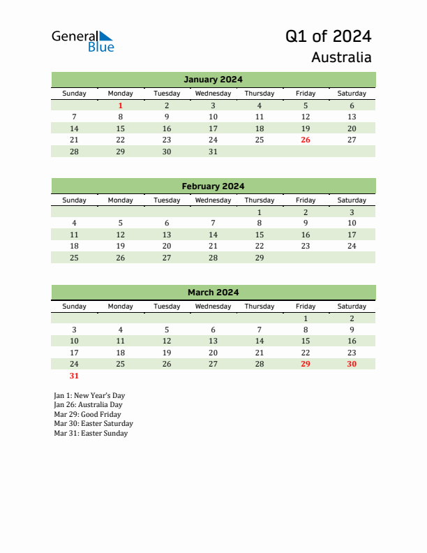 Quarterly Calendar 2024 with Australia Holidays