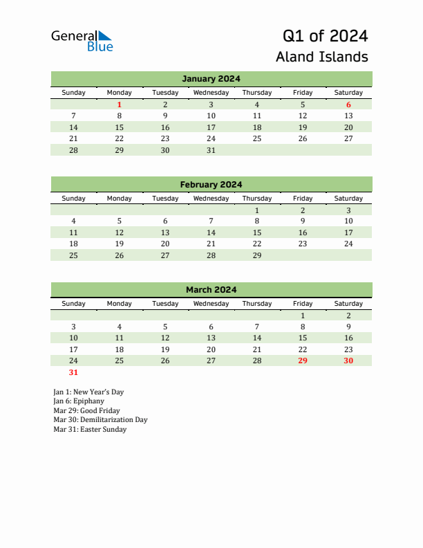 Quarterly Calendar 2024 with Aland Islands Holidays