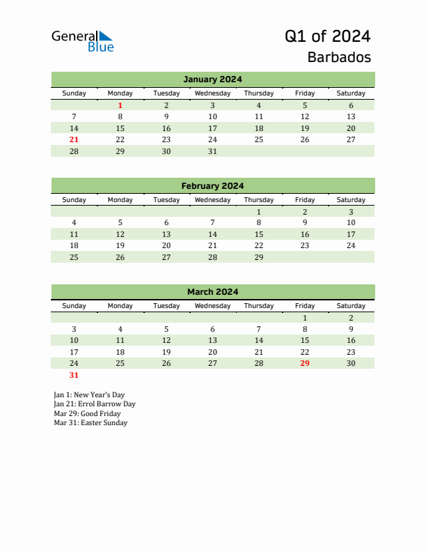 Quarterly Calendar 2024 with Barbados Holidays