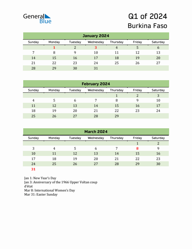 Quarterly Calendar 2024 with Burkina Faso Holidays