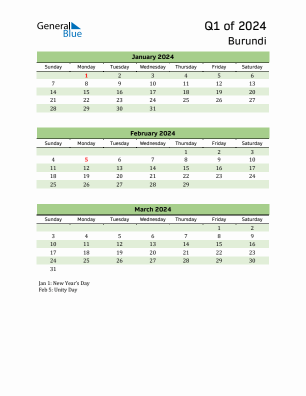 Quarterly Calendar 2024 with Burundi Holidays