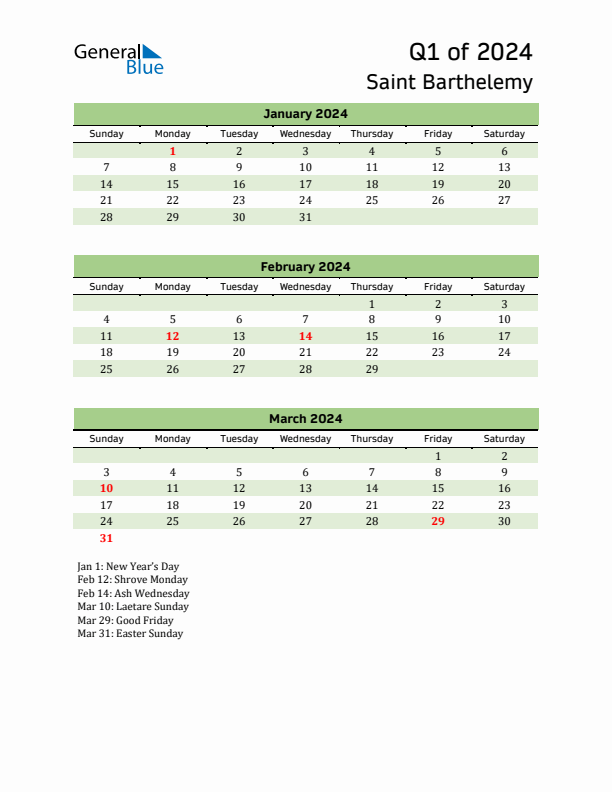 Quarterly Calendar 2024 with Saint Barthelemy Holidays