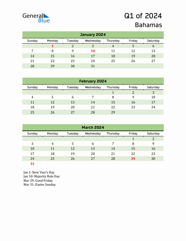 Quarterly Calendar 2024 with Bahamas Holidays