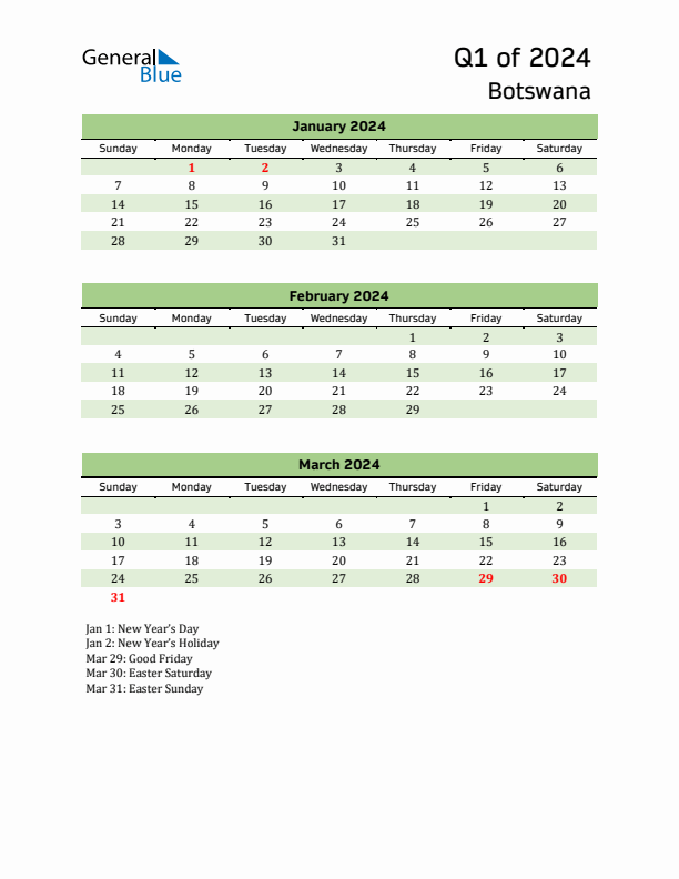 Quarterly Calendar 2024 with Botswana Holidays