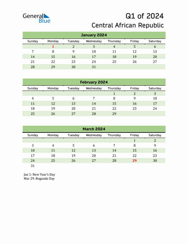 Quarterly Calendar 2024 with Central African Republic Holidays