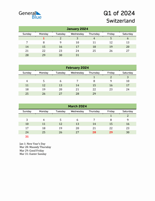 Quarterly Calendar 2024 with Switzerland Holidays