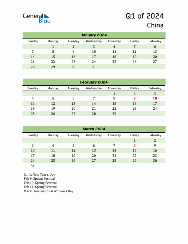 Quarterly Calendar 2024 with China Holidays