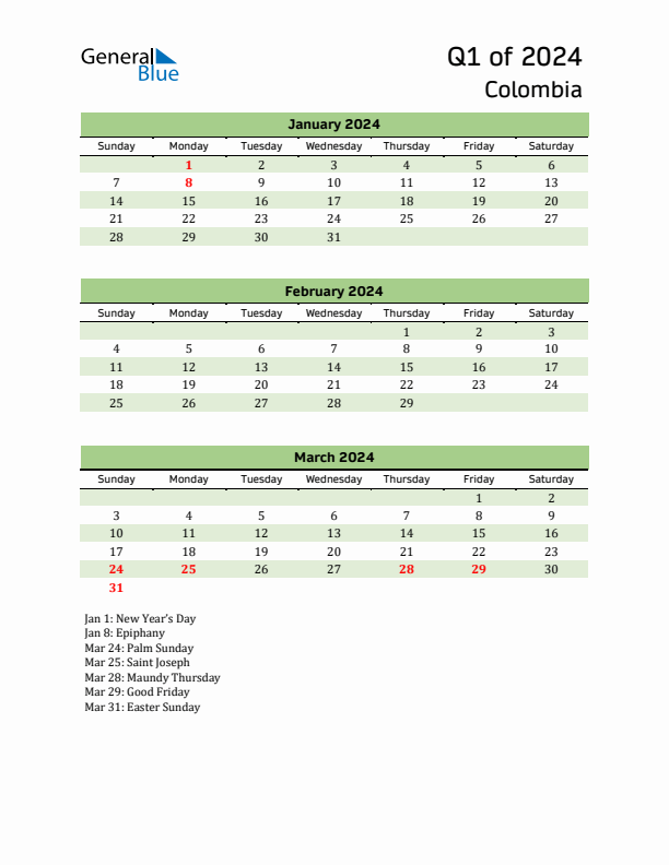 Quarterly Calendar 2024 with Colombia Holidays