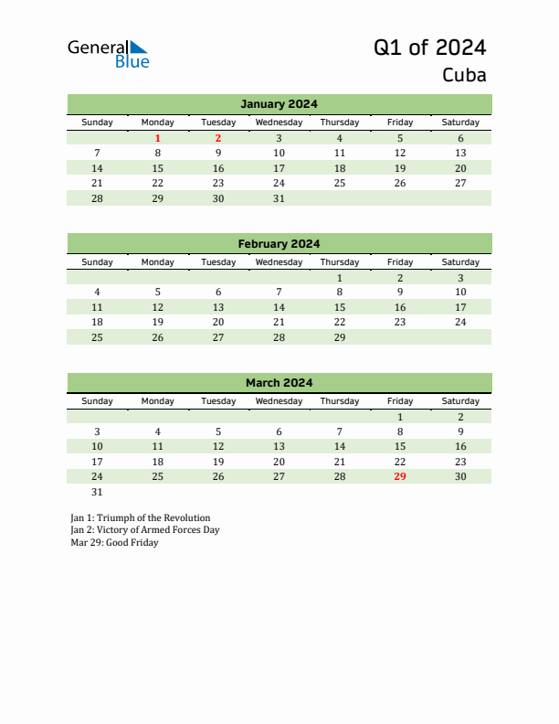 Quarterly Calendar 2024 with Cuba Holidays