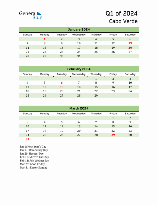 Quarterly Calendar 2024 with Cabo Verde Holidays