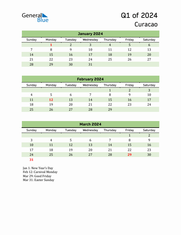 Quarterly Calendar 2024 with Curacao Holidays