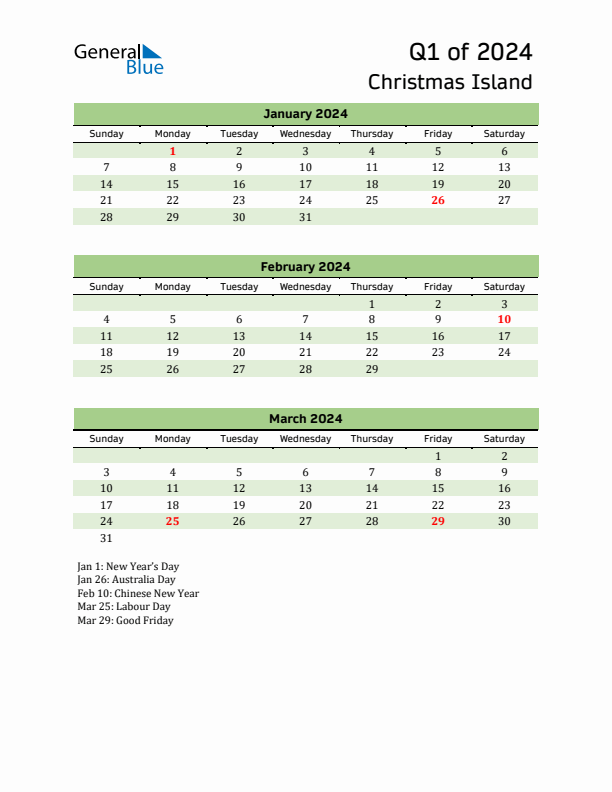 Quarterly Calendar 2024 with Christmas Island Holidays