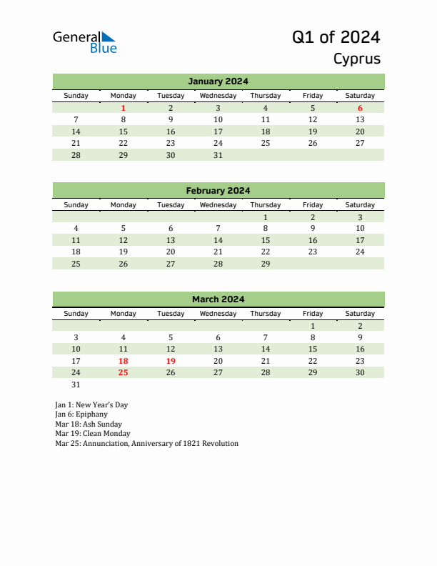 Quarterly Calendar 2024 with Cyprus Holidays