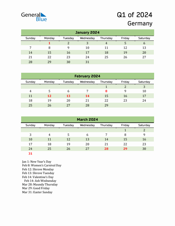 Quarterly Calendar 2024 with Germany Holidays