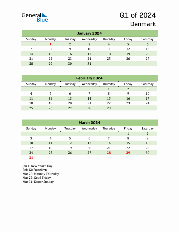 Quarterly Calendar 2024 with Denmark Holidays