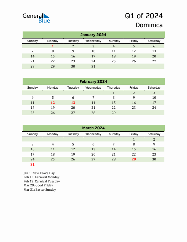 Quarterly Calendar 2024 with Dominica Holidays