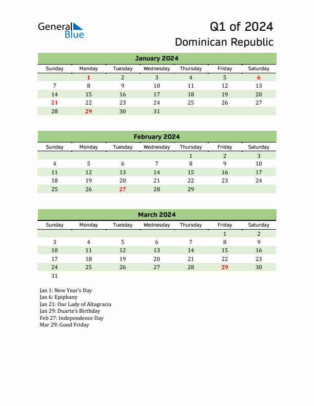 Quarterly Calendar 2024 with Dominican Republic Holidays