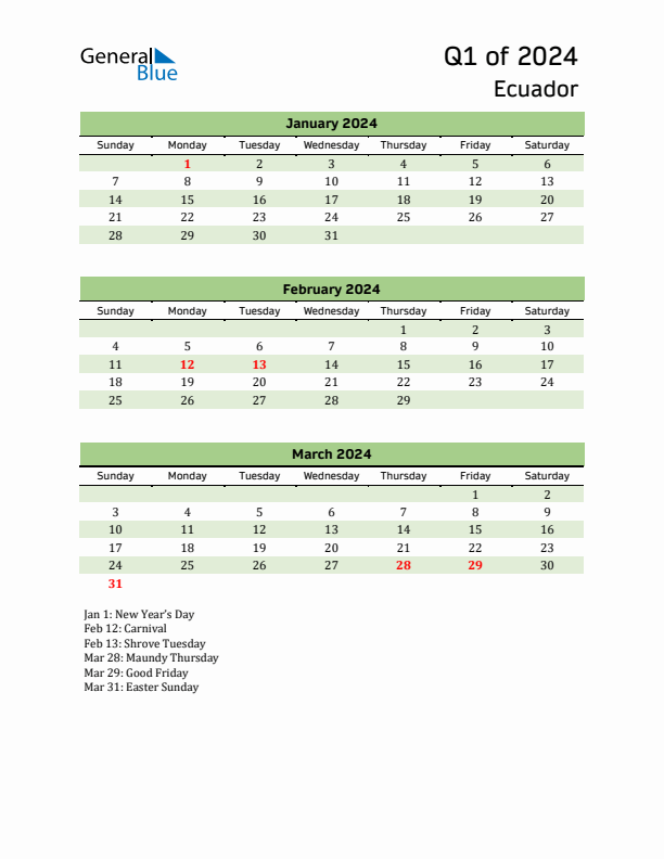 Quarterly Calendar 2024 with Ecuador Holidays