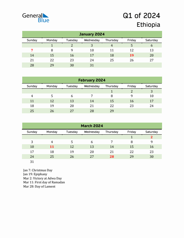 Quarterly Calendar 2024 with Ethiopia Holidays