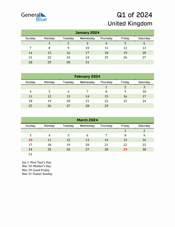 Quarterly Calendar 2024 with United Kingdom Holidays