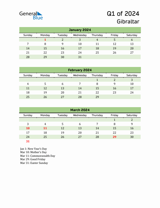 Quarterly Calendar 2024 with Gibraltar Holidays