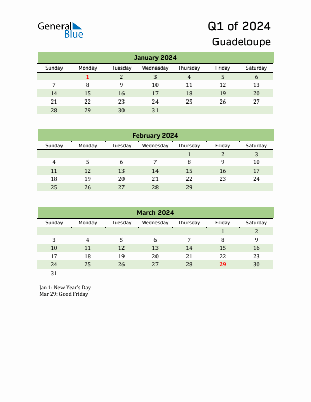 Quarterly Calendar 2024 with Guadeloupe Holidays