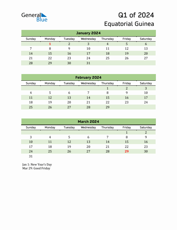 Quarterly Calendar 2024 with Equatorial Guinea Holidays