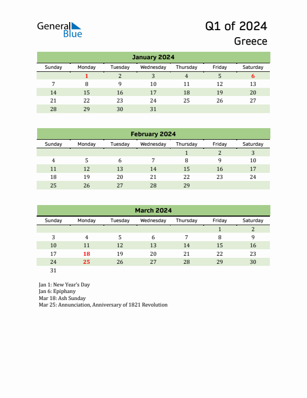 Quarterly Calendar 2024 with Greece Holidays