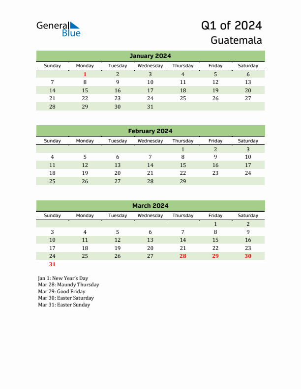 Quarterly Calendar 2024 with Guatemala Holidays