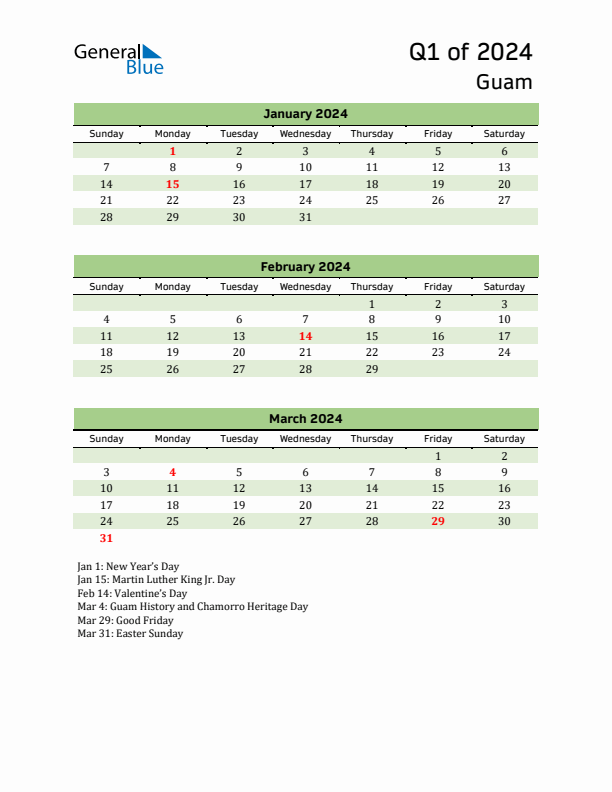 Quarterly Calendar 2024 with Guam Holidays