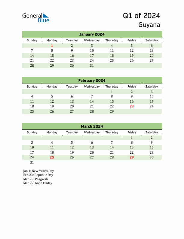 Quarterly Calendar 2024 with Guyana Holidays