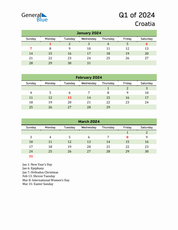 Quarterly Calendar 2024 with Croatia Holidays