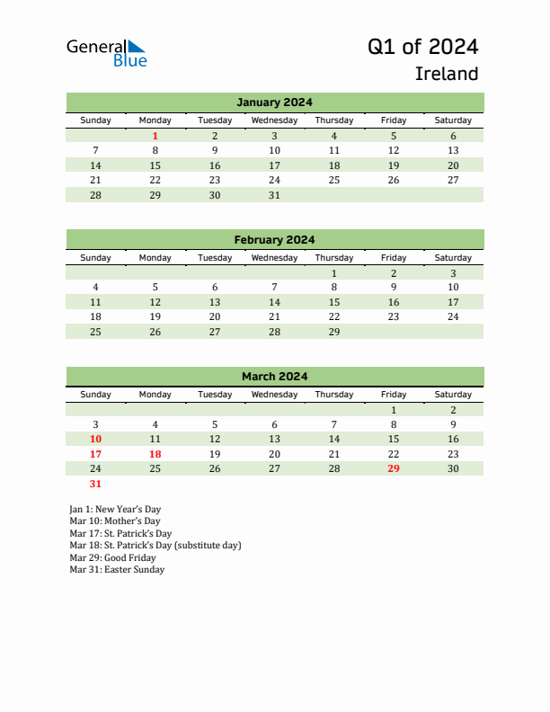 Quarterly Calendar 2024 with Ireland Holidays