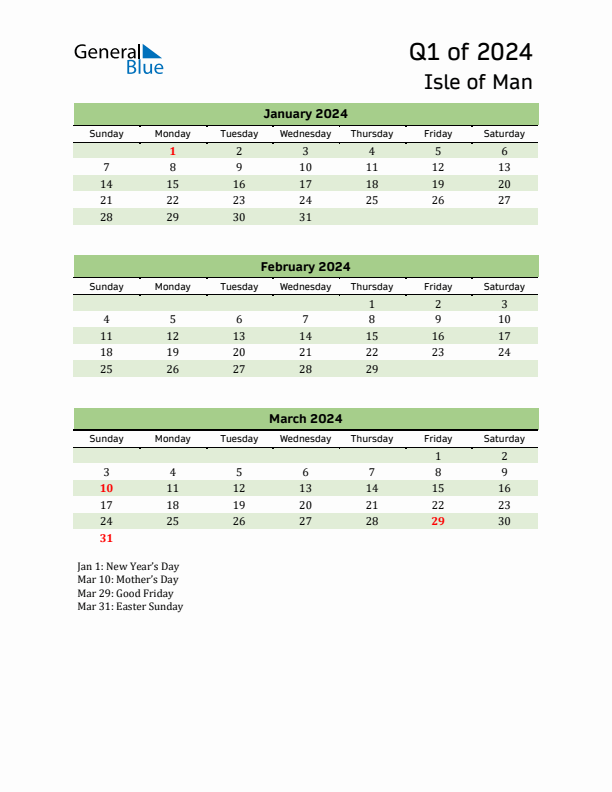 Quarterly Calendar 2024 with Isle of Man Holidays