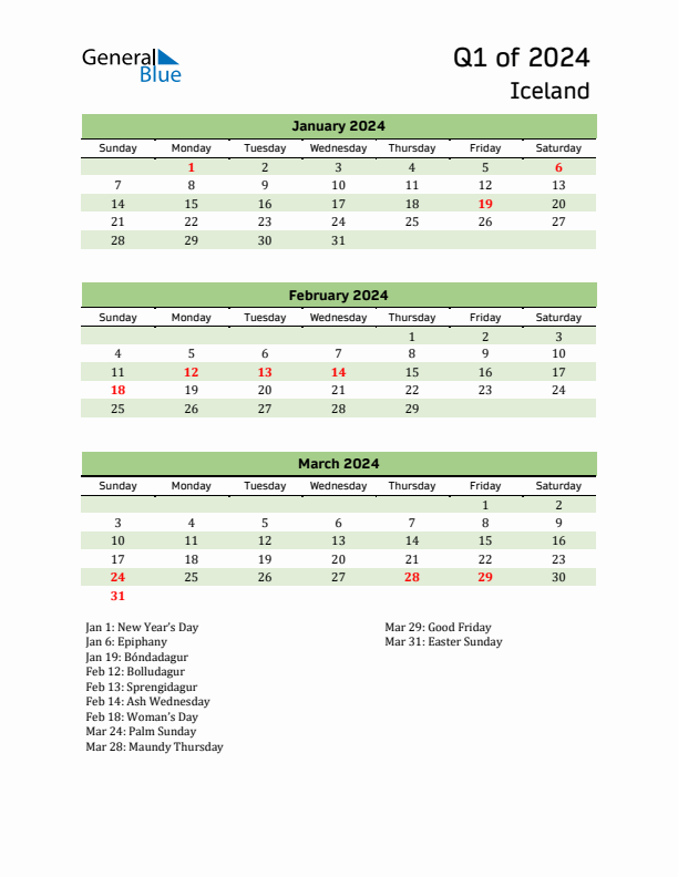 Quarterly Calendar 2024 with Iceland Holidays