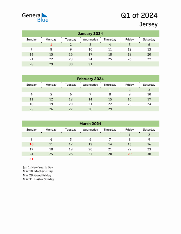 Quarterly Calendar 2024 with Jersey Holidays