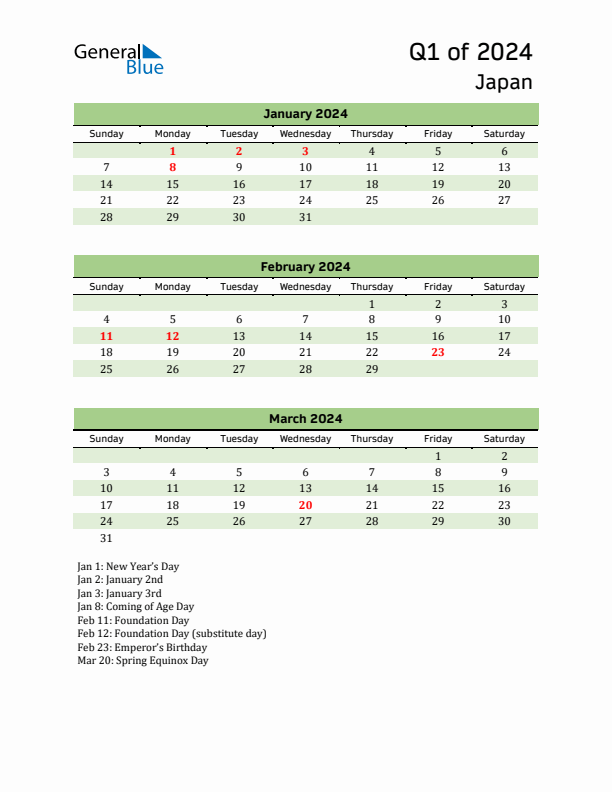 Quarterly Calendar 2024 with Japan Holidays