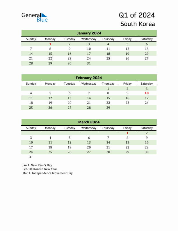 Quarterly Calendar 2024 with South Korea Holidays