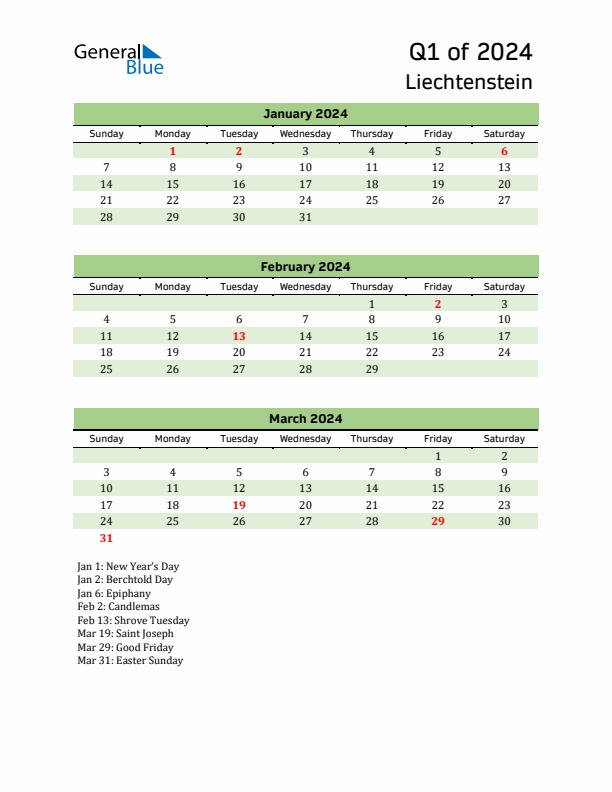 Quarterly Calendar 2024 with Liechtenstein Holidays