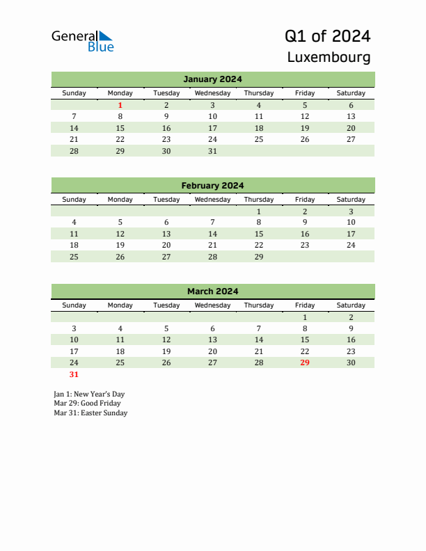 Quarterly Calendar 2024 with Luxembourg Holidays