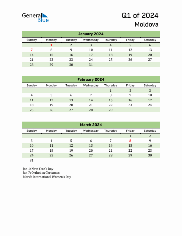 Quarterly Calendar 2024 with Moldova Holidays