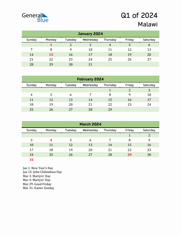 Quarterly Calendar 2024 with Malawi Holidays